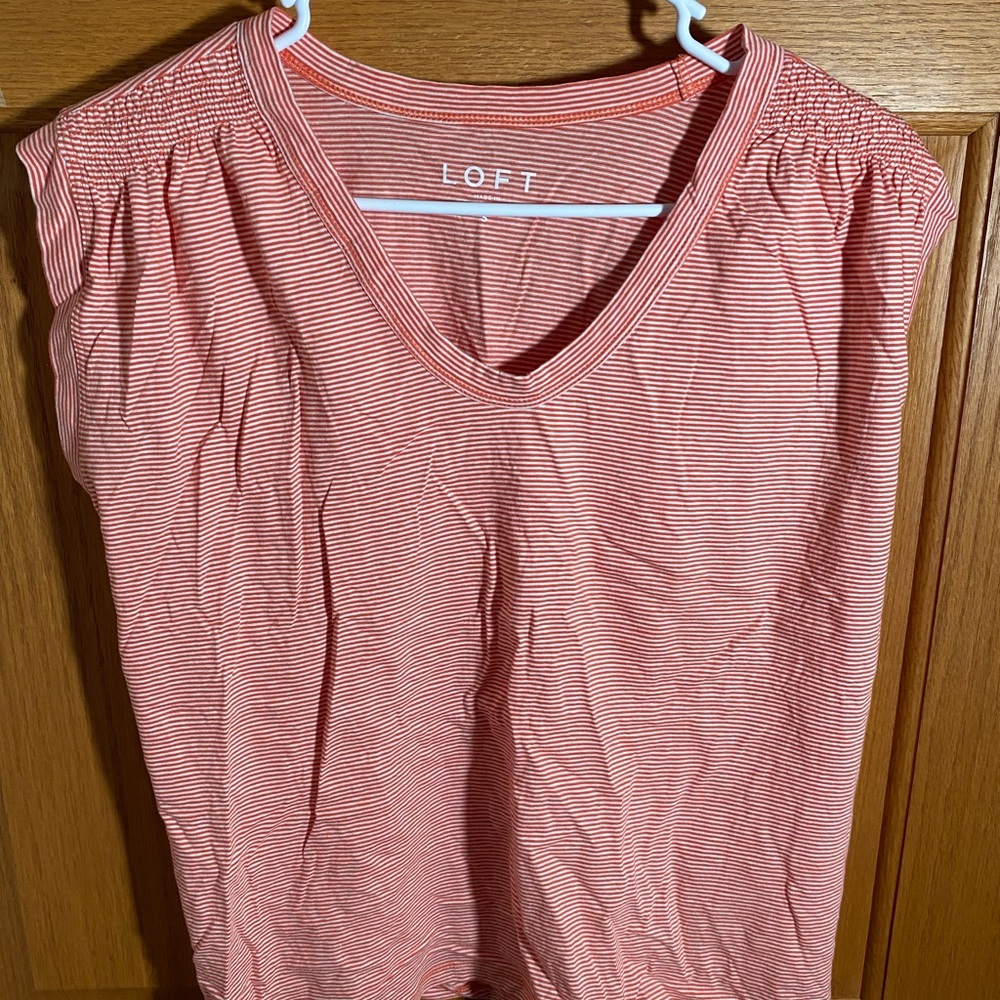 LOFT Red and White Striped V-Neck Tee